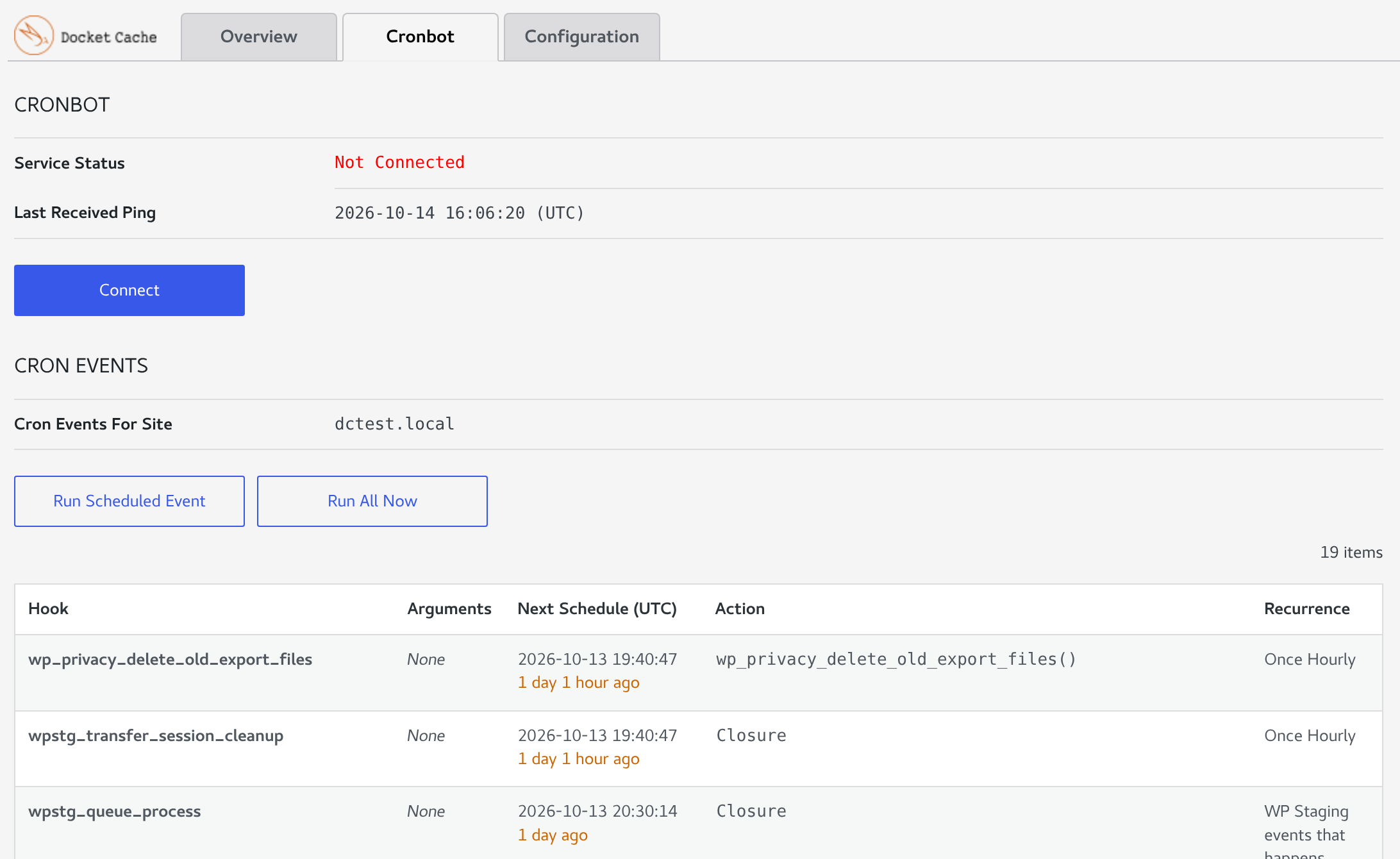 The Cronbot screen of Docket Cache with the Service Status shown as Not Connected, the Connect button, and a list of cron events. Some events are more than a day late.