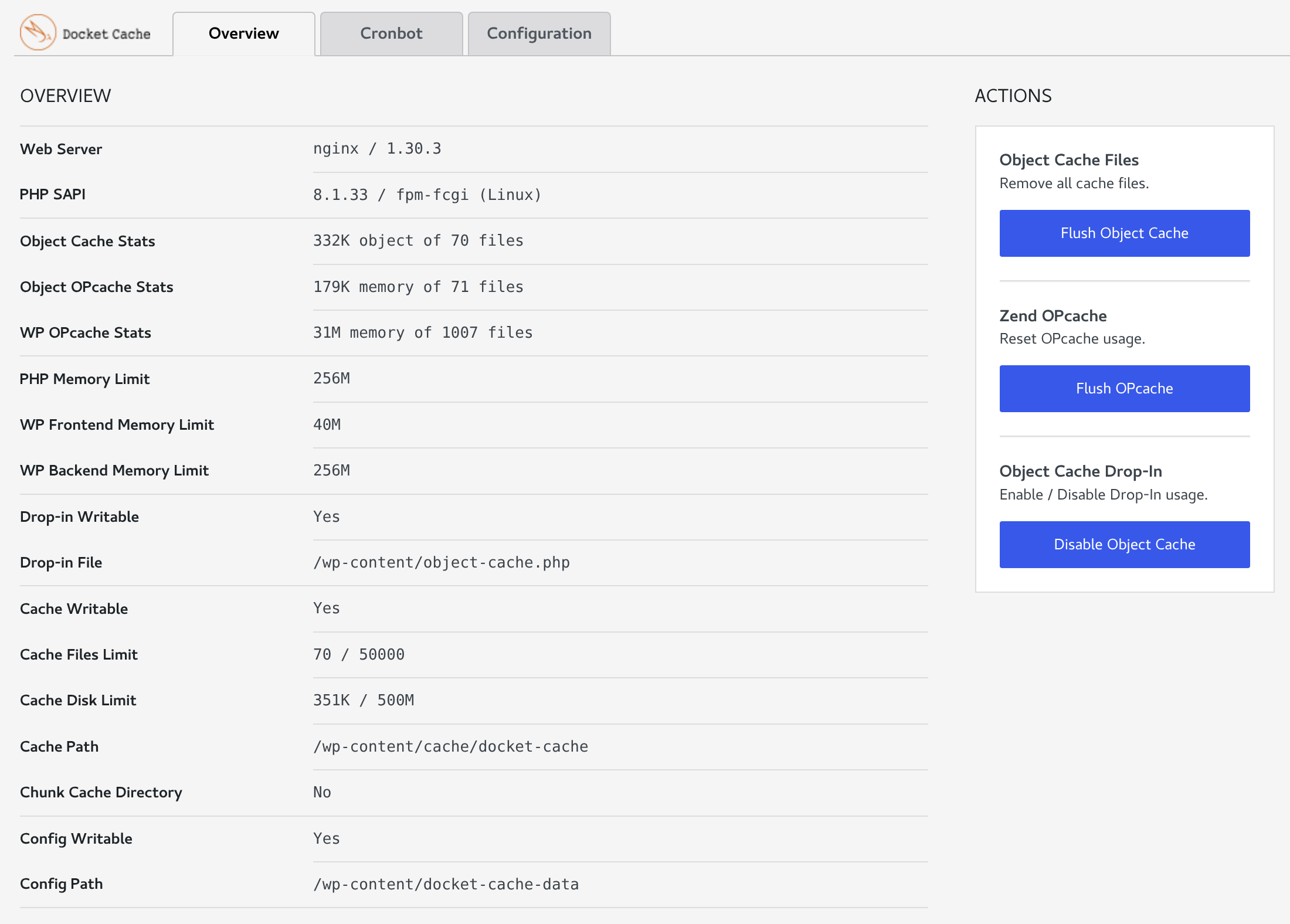 The Docket Cache Overview screen. Object Cache Stats shows 332K object of 70 files, Object OPcache Stats shows 179K memory of 71 files, and the Drop-in File is /wp-content/object-cache.php.
